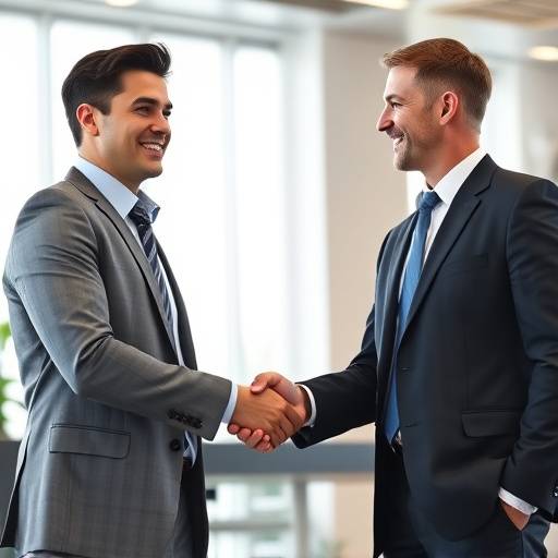 Fotografia de um executivo sorrindo e apertando a mão de um cliente durante uma reunião de negócios.