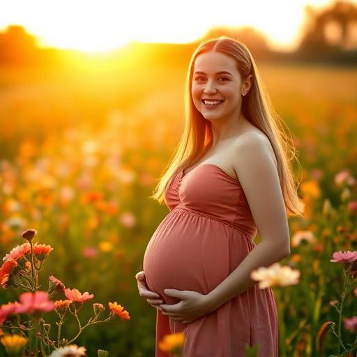 Fotografia de uma gestante sorrindo em um campo florido, com luz do sol.